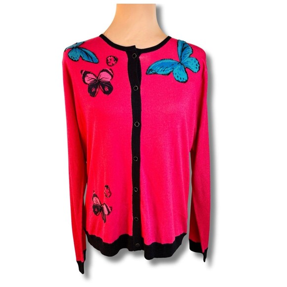 Vintage Doncaster Silk Cashmere Cardigan Sweater Sz L Pink Butterfly Beaded Y2K - Picture 1 of 14